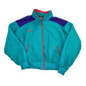 Columbia Color Block Mens Zip Pile Fleece Anorak Jacket Green Purple Large VTG